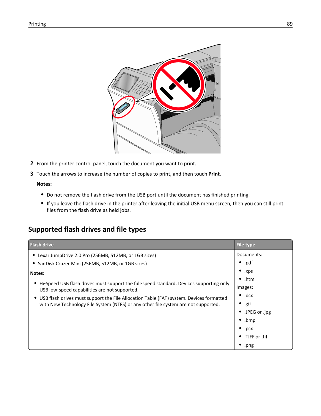 Lexmark C950 manual Supported flash drives and file types, Flash drive File type 