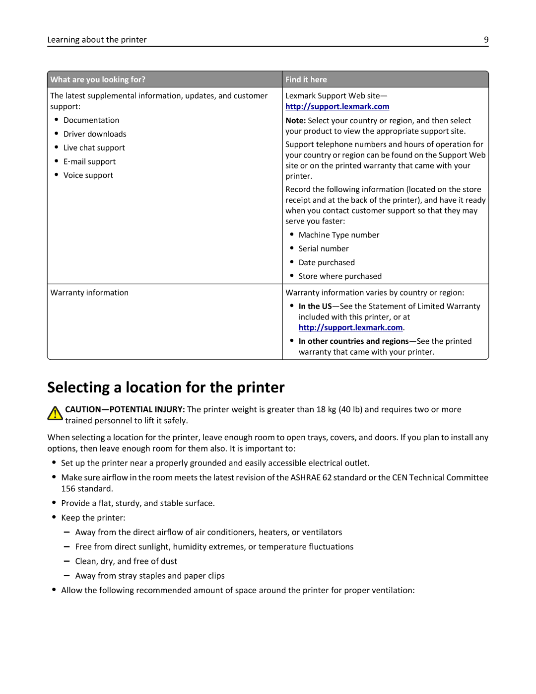 Lexmark C950 manual Selecting a location for the printer, Other countries and regions -See the printed 