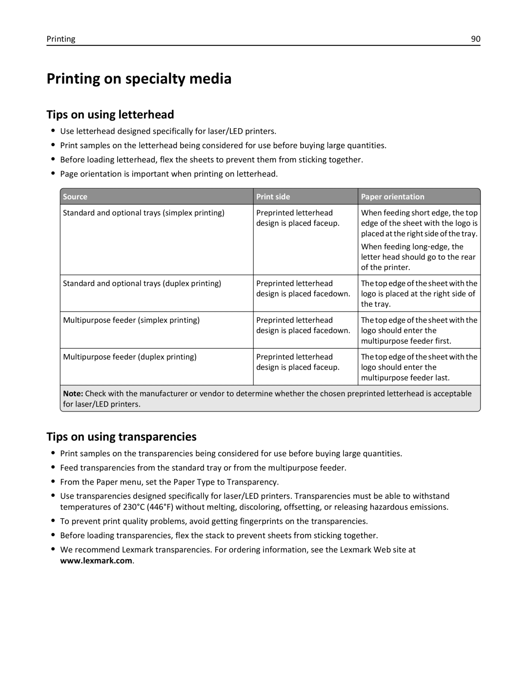 Lexmark C950 manual Printing on specialty media, Tips on using letterhead, Tips on using transparencies 