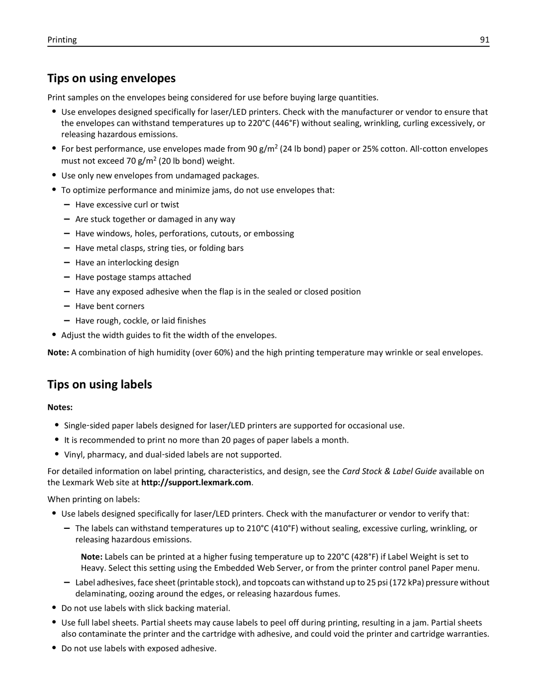 Lexmark C950 manual Tips on using envelopes, Tips on using labels 