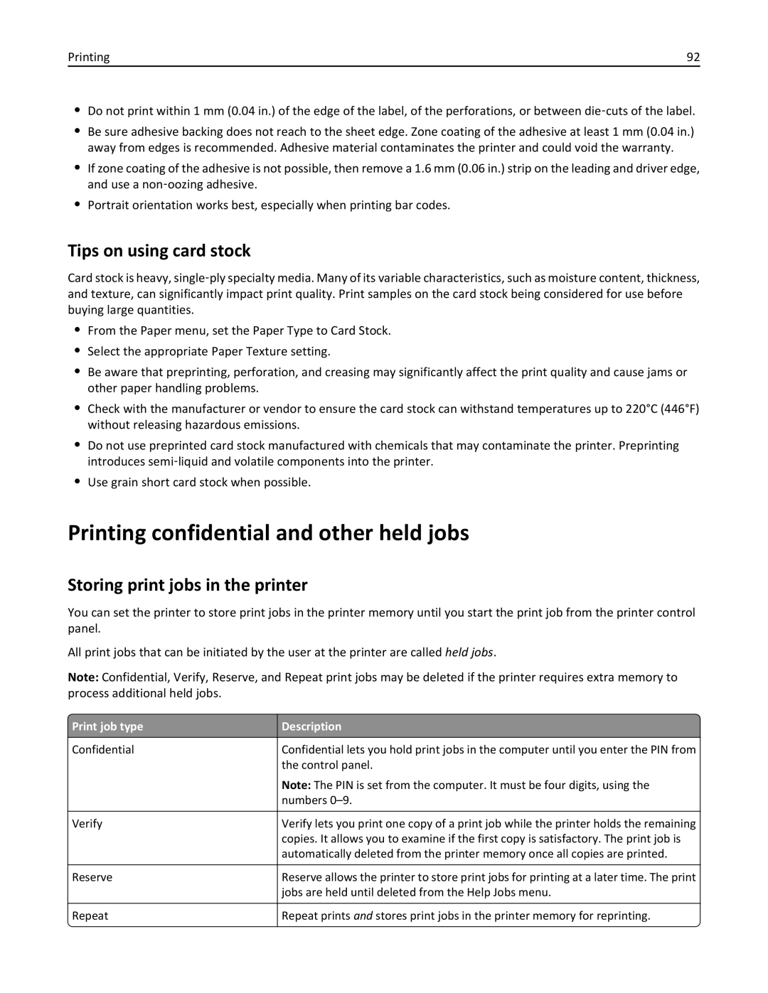 Lexmark C950 manual Printing confidential and other held jobs, Tips on using card stock, Storing print jobs in the printer 