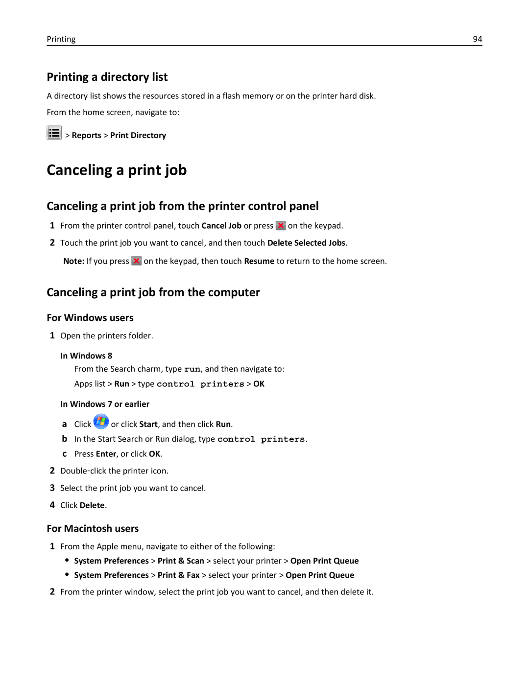 Lexmark C950 Printing a directory list, Canceling a print job from the printer control panel, Reports Print Directory 