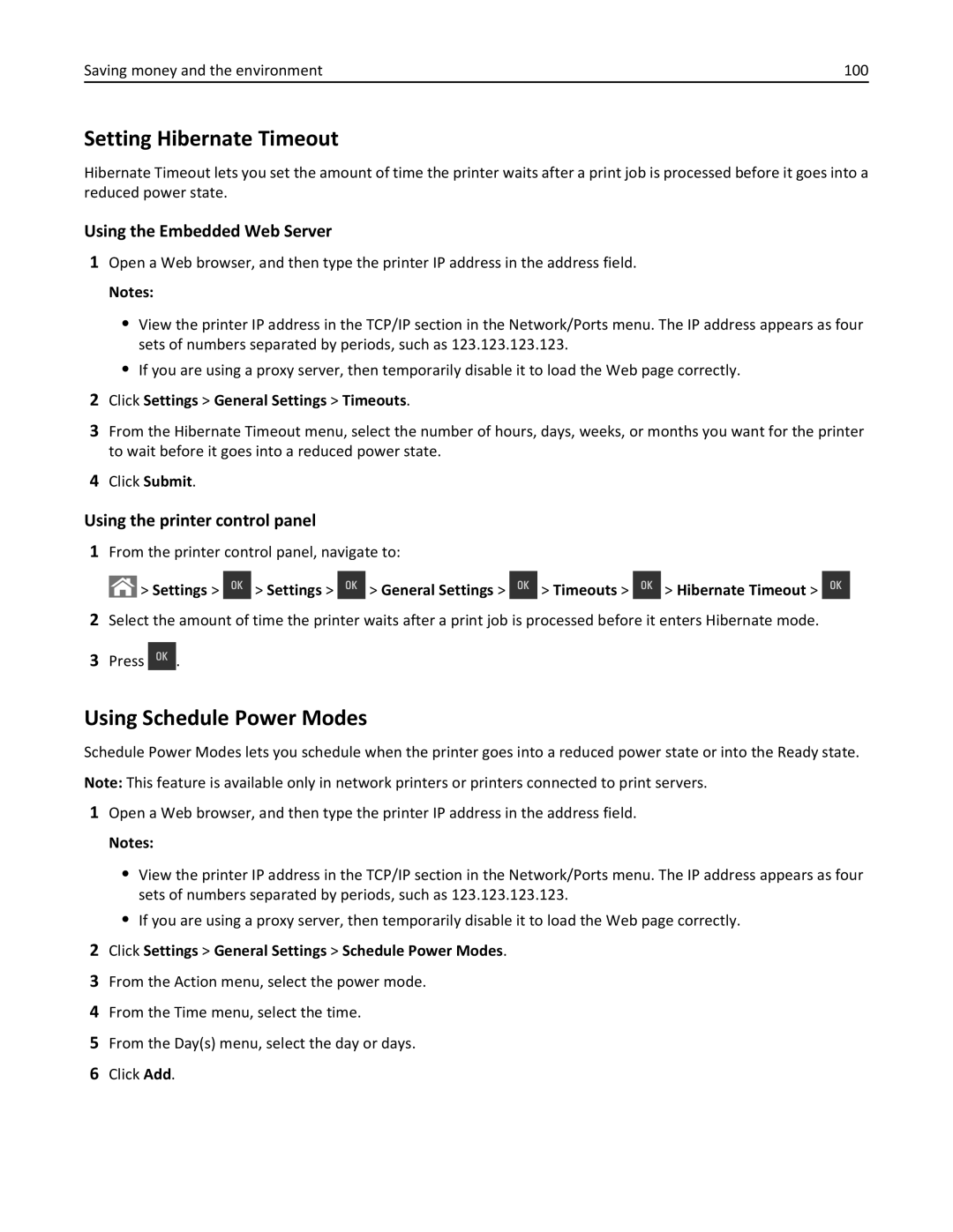 Lexmark CS410 manual Setting Hibernate Timeout, Using Schedule Power Modes, Saving money and the environment 100 