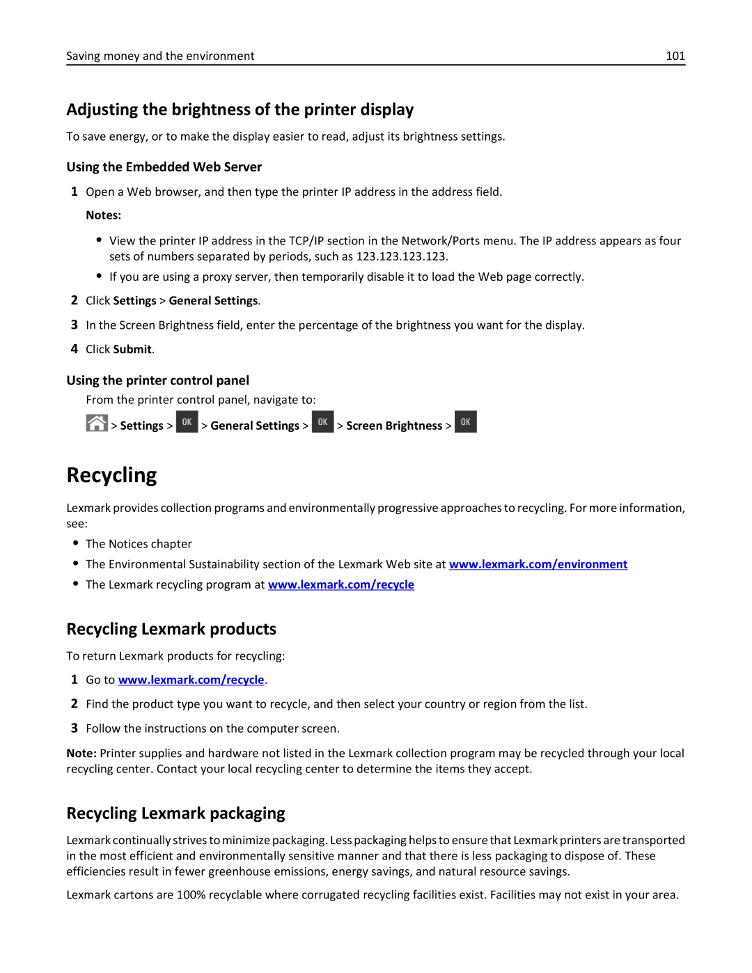 Lexmark CS410 Adjusting the brightness of the printer display, Recycling Lexmark products, Recycling Lexmark packaging 