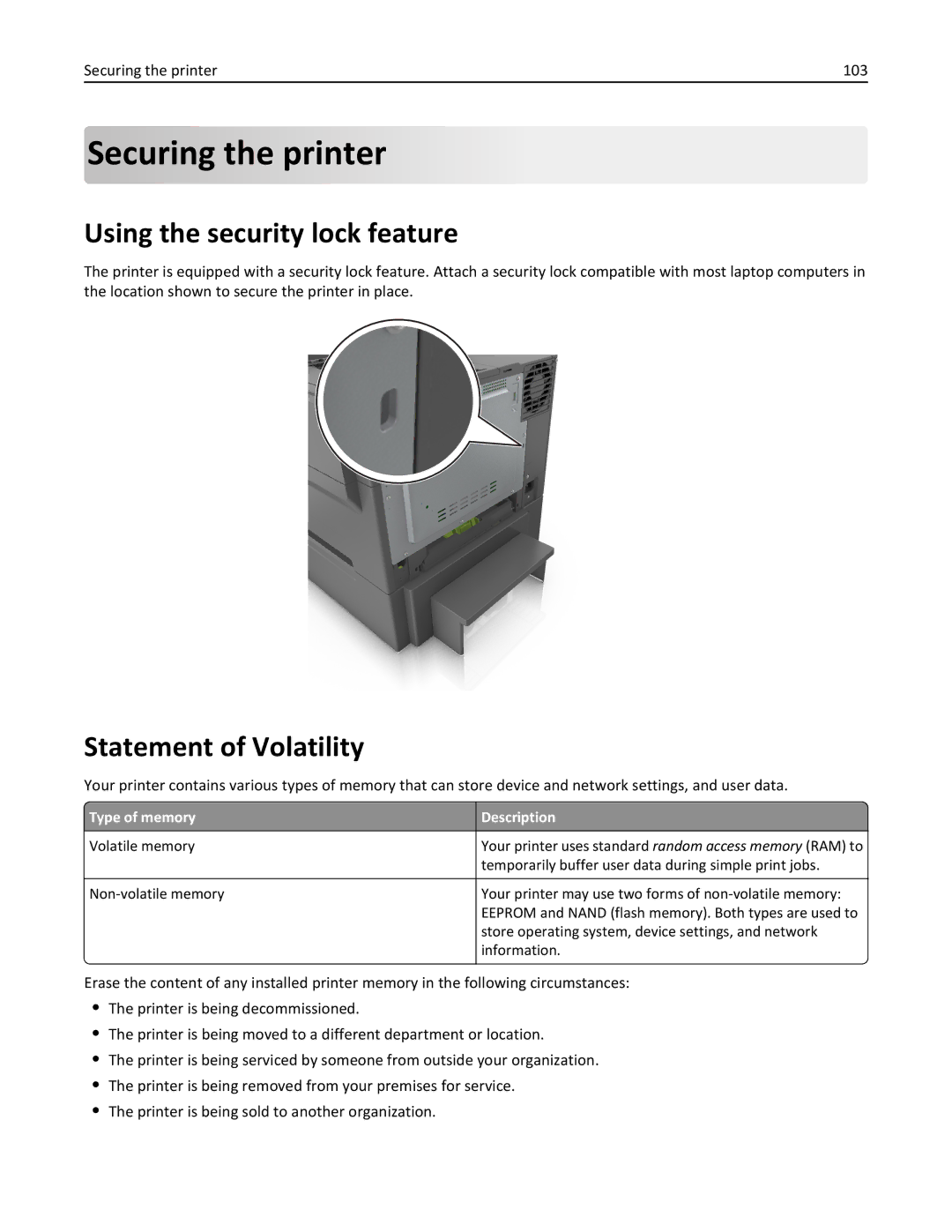 Lexmark CS410 manual Using the security lock feature, Statement of Volatility, Securing the printer 103 