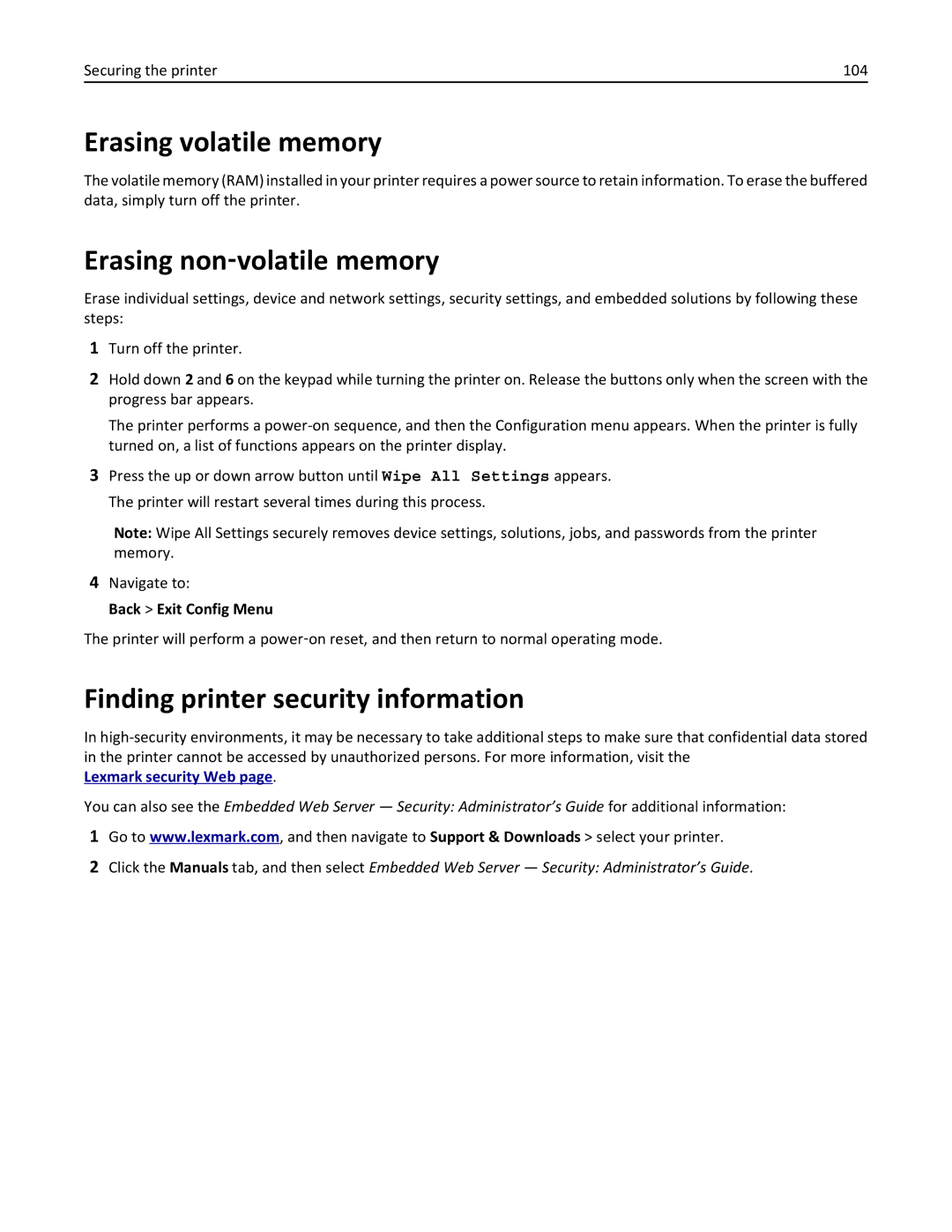 Lexmark CS410 manual Erasing volatile memory, Erasing non‑volatile memory, Finding printer security information 