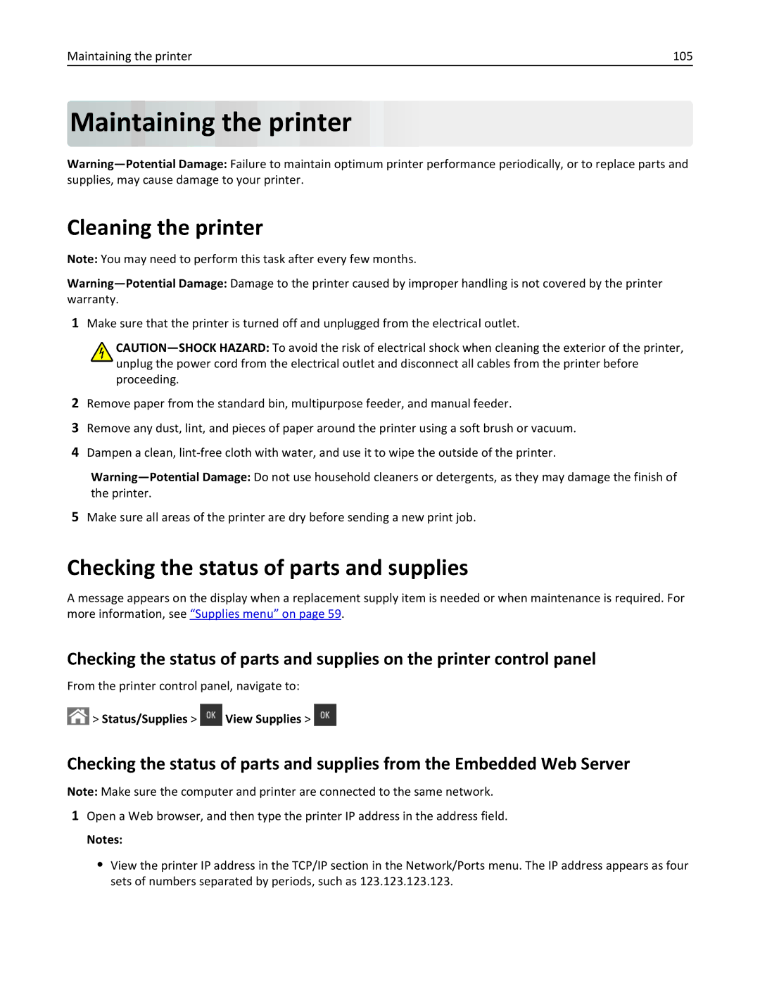 Lexmark CS410 manual Maintaining the printer, Cleaning the printer, Checking the status of parts and supplies 