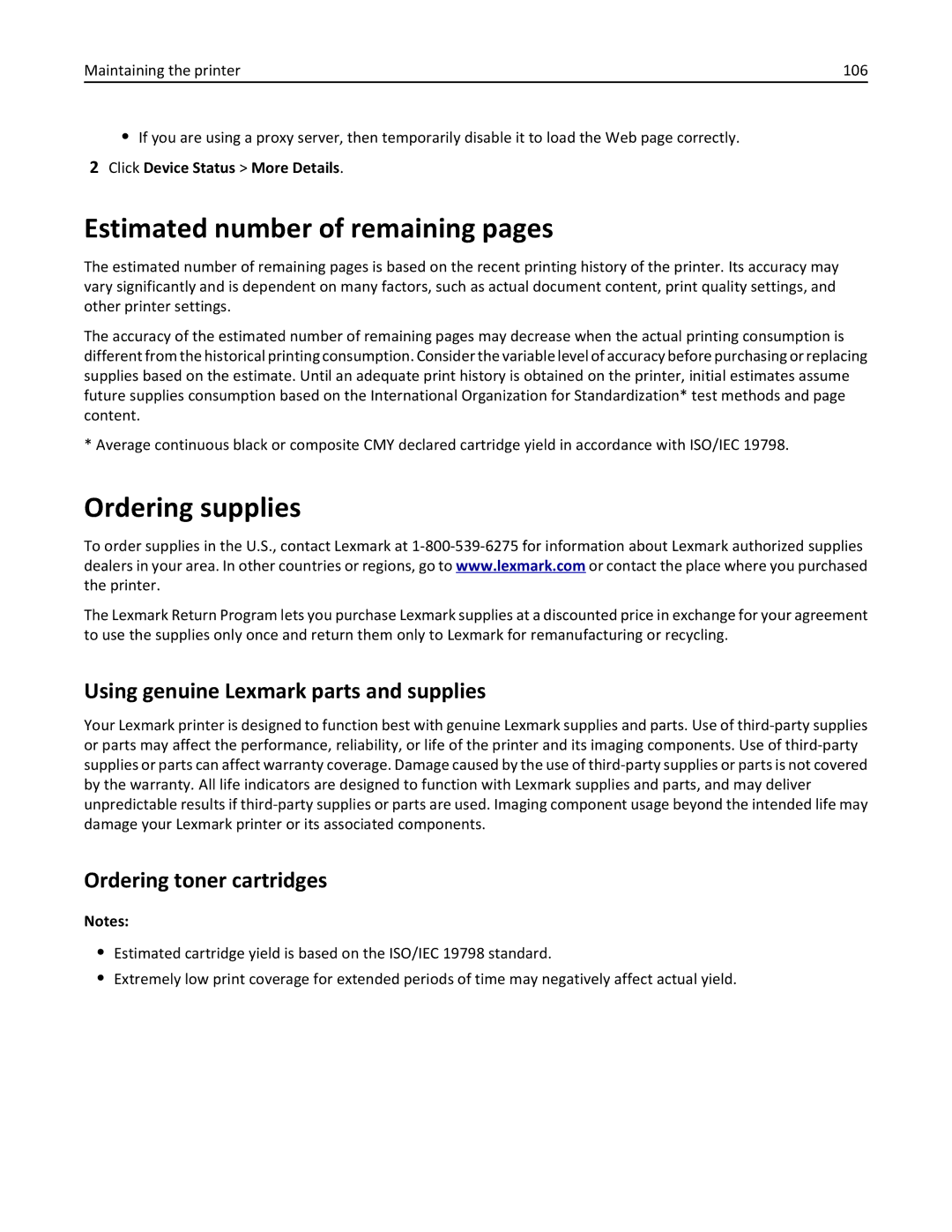 Lexmark CS410 manual Estimated number of remaining pages, Ordering supplies, Using genuine Lexmark parts and supplies 