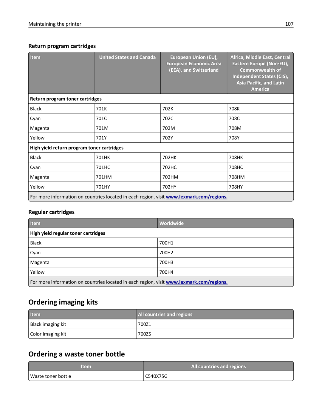 Lexmark CS410 manual Ordering imaging kits, Ordering a waste toner bottle, Maintaining the printer 107 