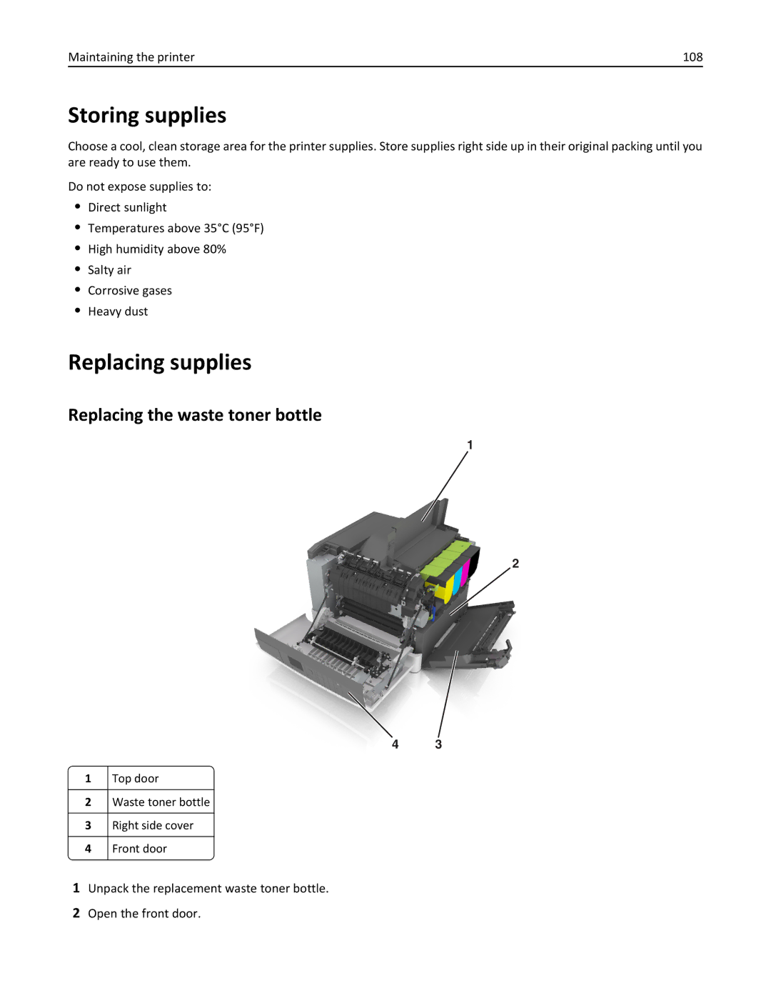 Lexmark CS410 manual Storing supplies, Replacing supplies, Replacing the waste toner bottle, Maintaining the printer 108 