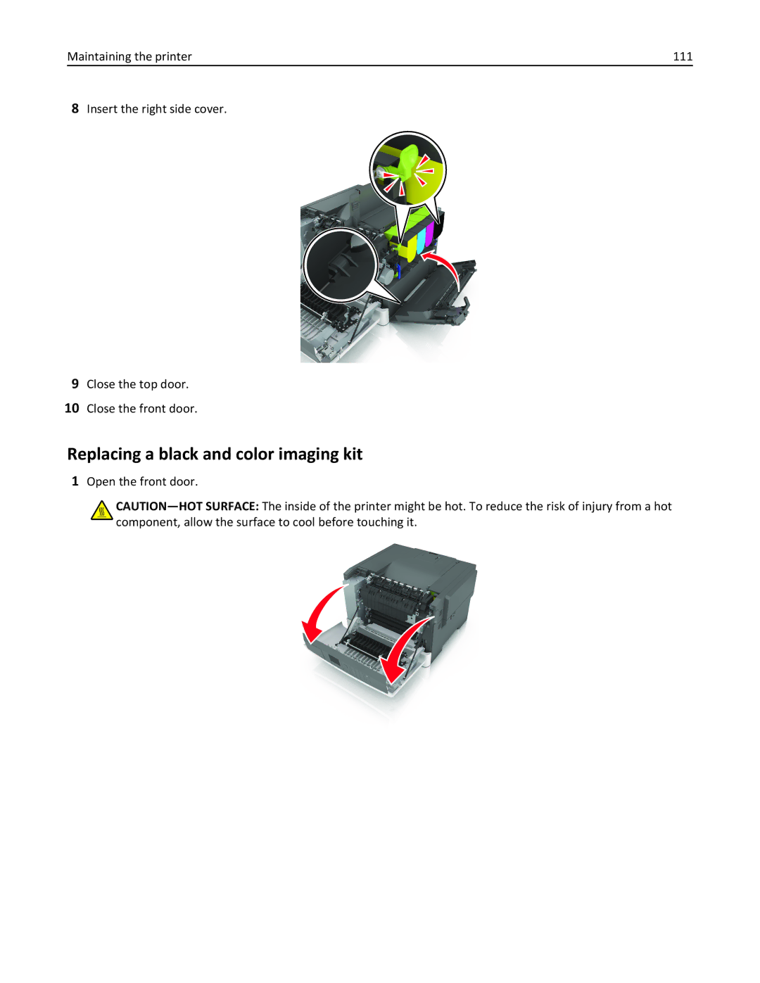 Lexmark CS410 manual Replacing a black and color imaging kit, Open the front door 