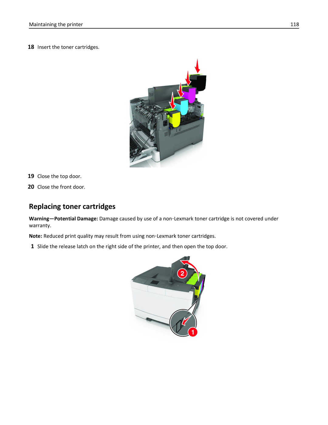 Lexmark CS410 manual Replacing toner cartridges 