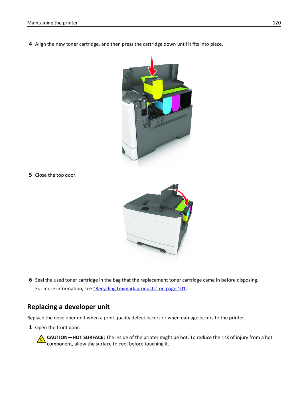 Lexmark CS410 manual Replacing a developer unit 