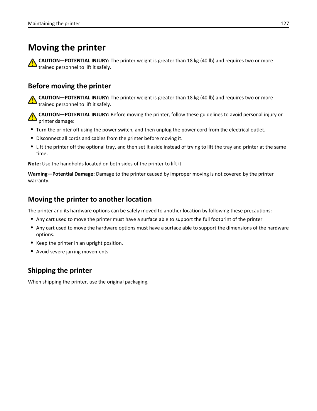 Lexmark CS410 manual Before moving the printer, Moving the printer to another location, Shipping the printer 