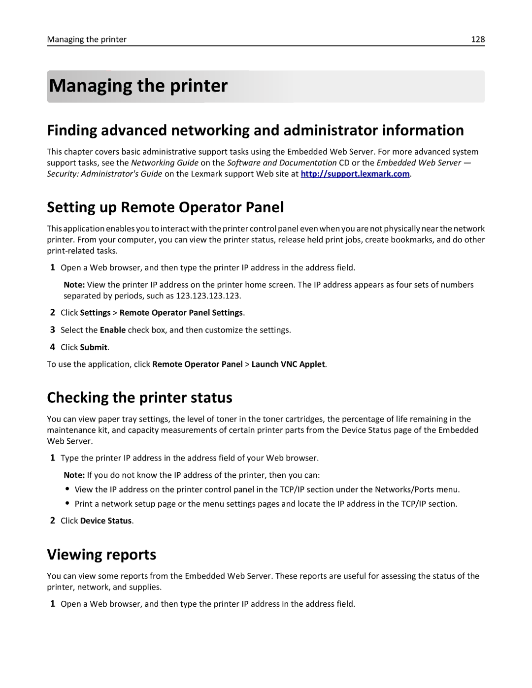 Lexmark CS410 Managing the printer, Finding advanced networking and administrator information, Checking the printer status 