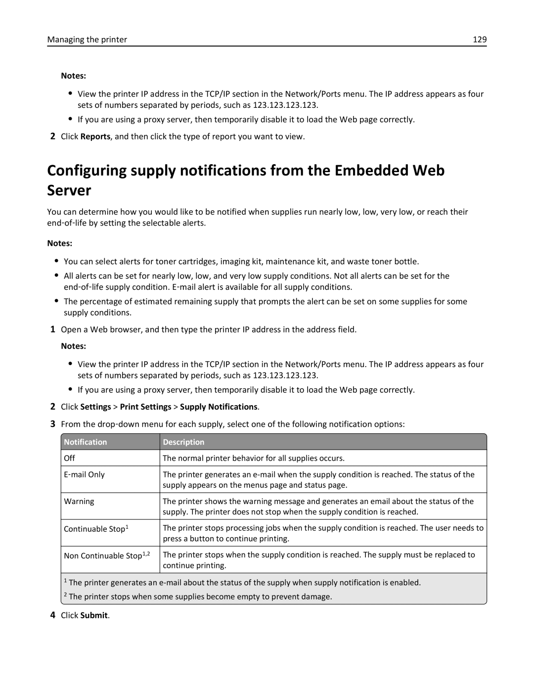 Lexmark CS410 manual Click Settings Print Settings Supply Notifications, Notification Description 