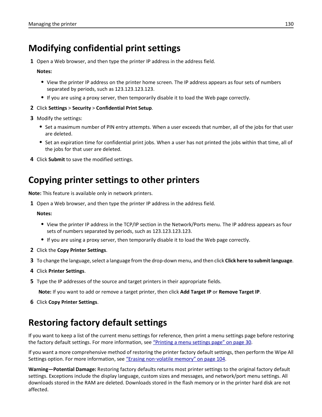 Lexmark CS410 manual Modifying confidential print settings, Copying printer settings to other printers 