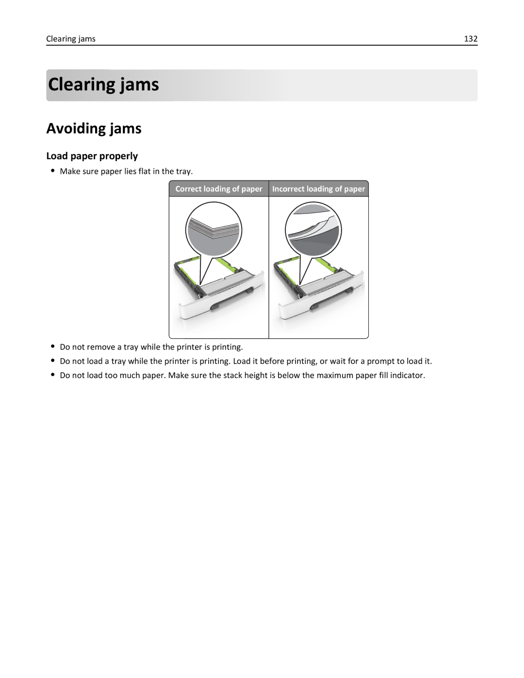 Lexmark CS410 manual Avoiding jams, Load paper properly, Clearing jams 132, Make sure paper lies flat in the tray 