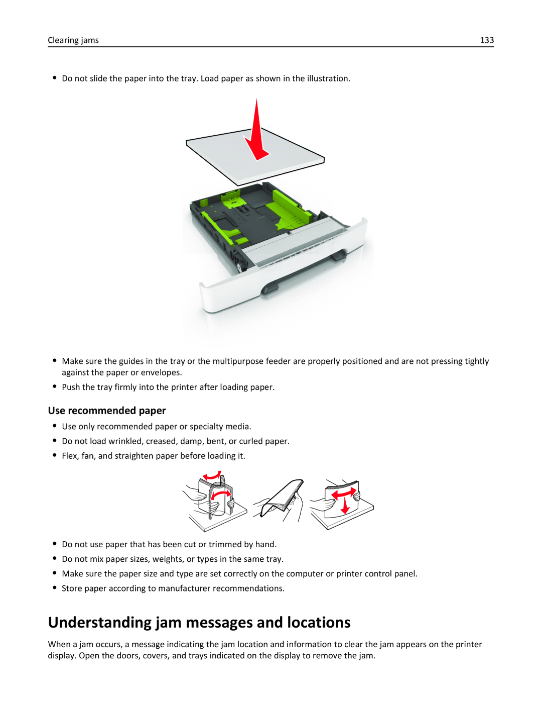 Lexmark CS410 manual Understanding jam messages and locations, Use recommended paper 