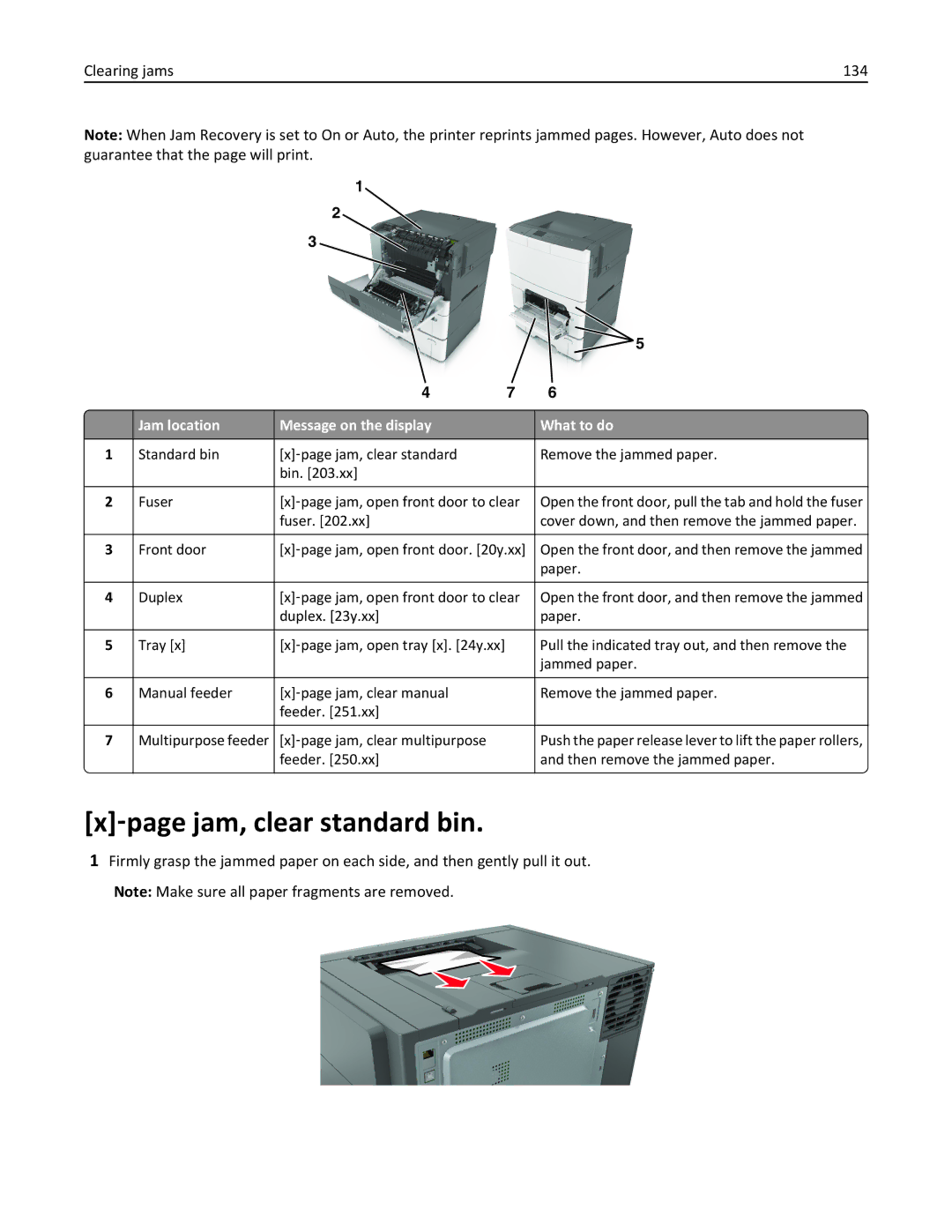 Lexmark CS410 manual ‑page jam, clear standard bin, Clearing jams 134, Jam location Message on the display What to do 