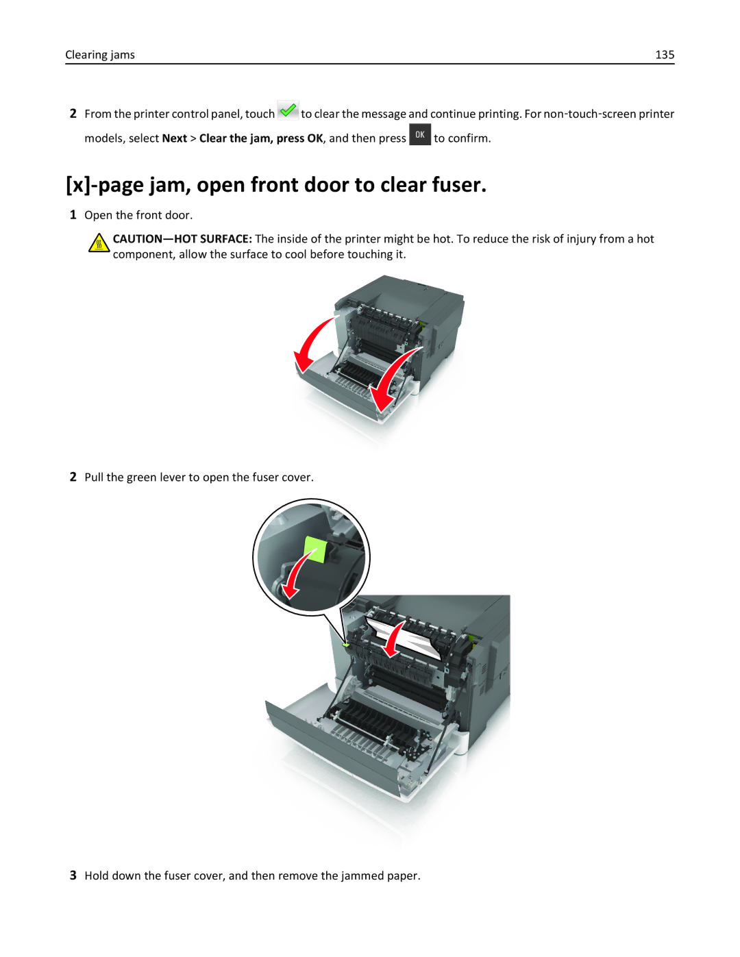 Lexmark CS410 manual Jam, open front door to clear fuser 