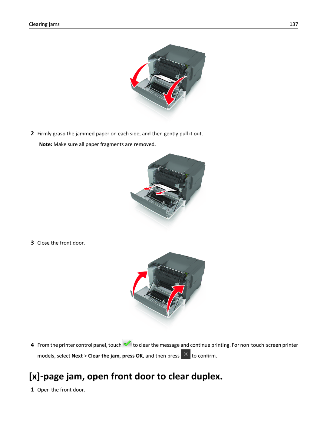 Lexmark CS410 manual ‑page jam, open front door to clear duplex 