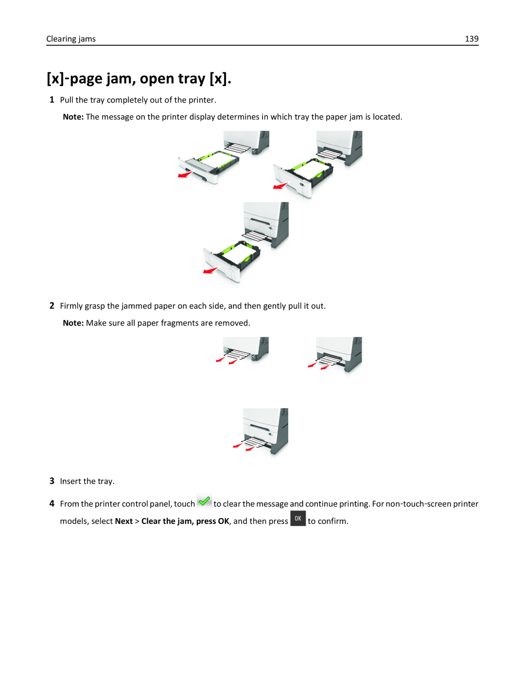 Lexmark CS410 manual ‑page jam, open tray, Clearing jams 139 