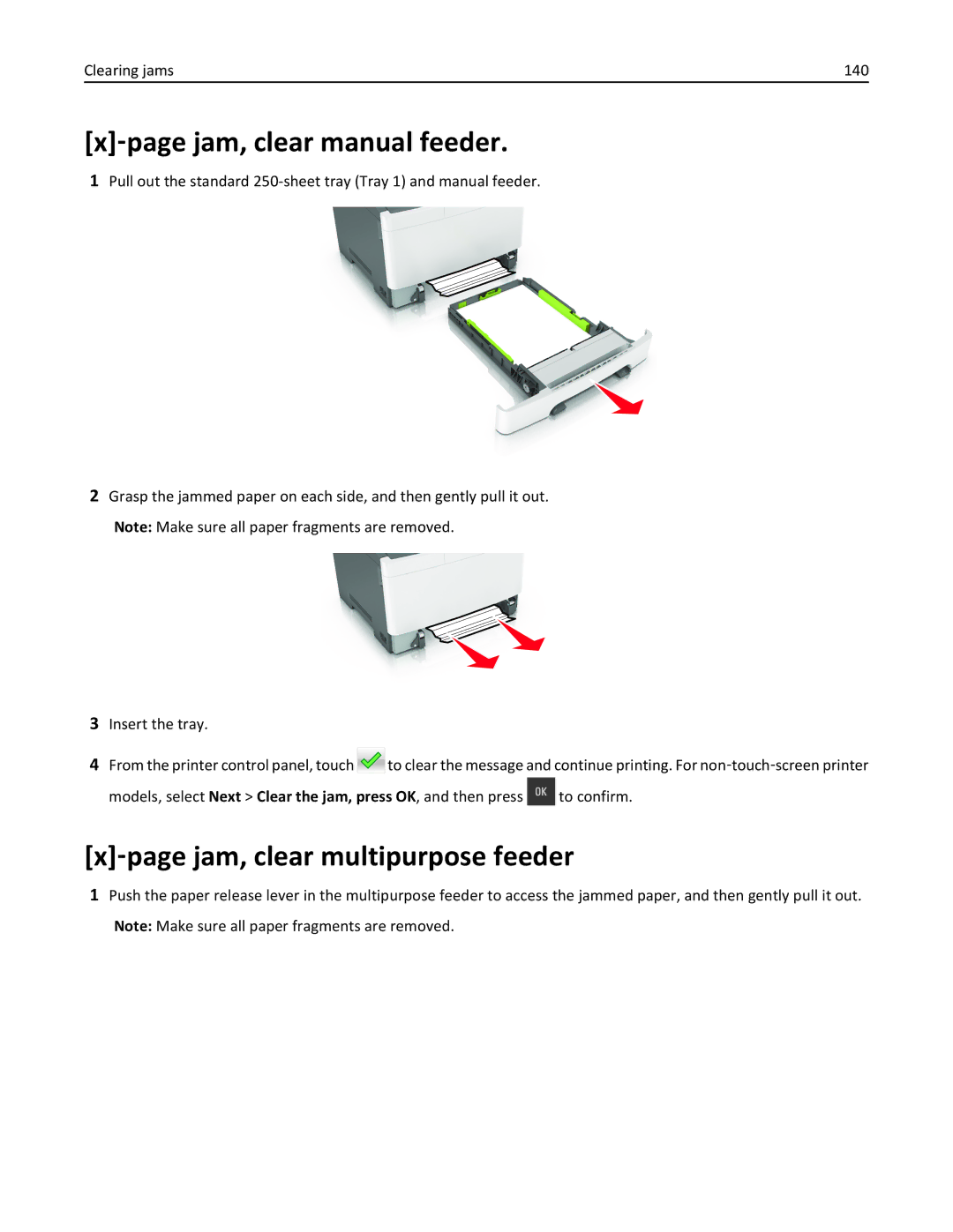 Lexmark CS410 ‑page jam, clear manual feeder, ‑page jam, clear multipurpose feeder, Clearing jams 140 