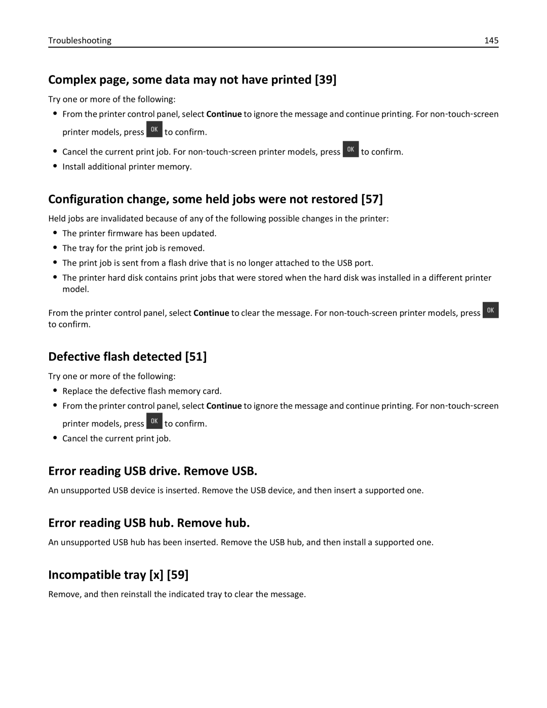 Lexmark CS410 manual Complex page, some data may not have printed, Configuration change, some held jobs were not restored 