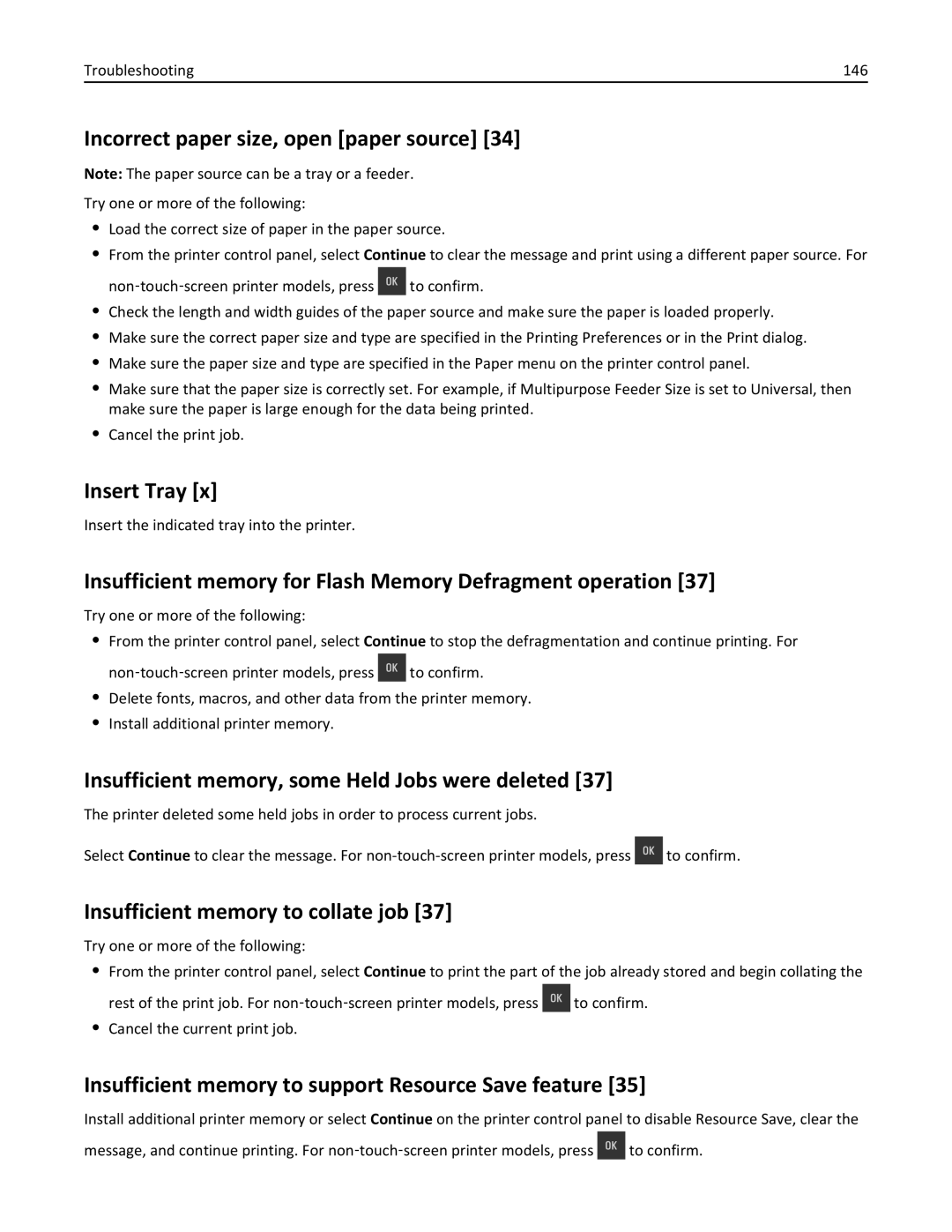 Lexmark CS410 manual Incorrect paper size, open paper source, Insert Tray, Insufficient memory, some Held Jobs were deleted 