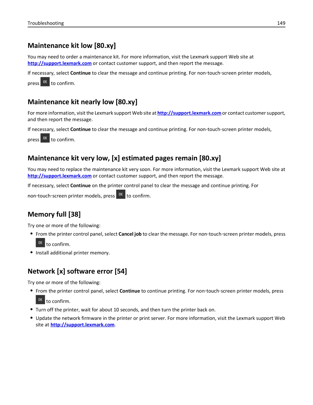 Lexmark CS410 manual Maintenance kit low 80.xy, Maintenance kit nearly low 80.xy, Memory full, Network x software error 