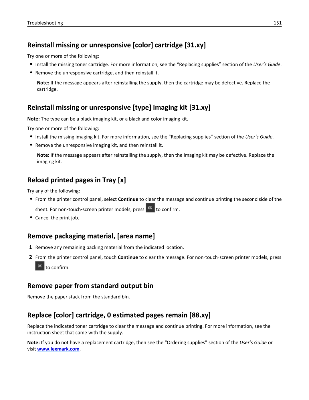 Lexmark CS410 manual Reinstall missing or unresponsive color cartridge 31.xy, Reload printed pages in Tray 