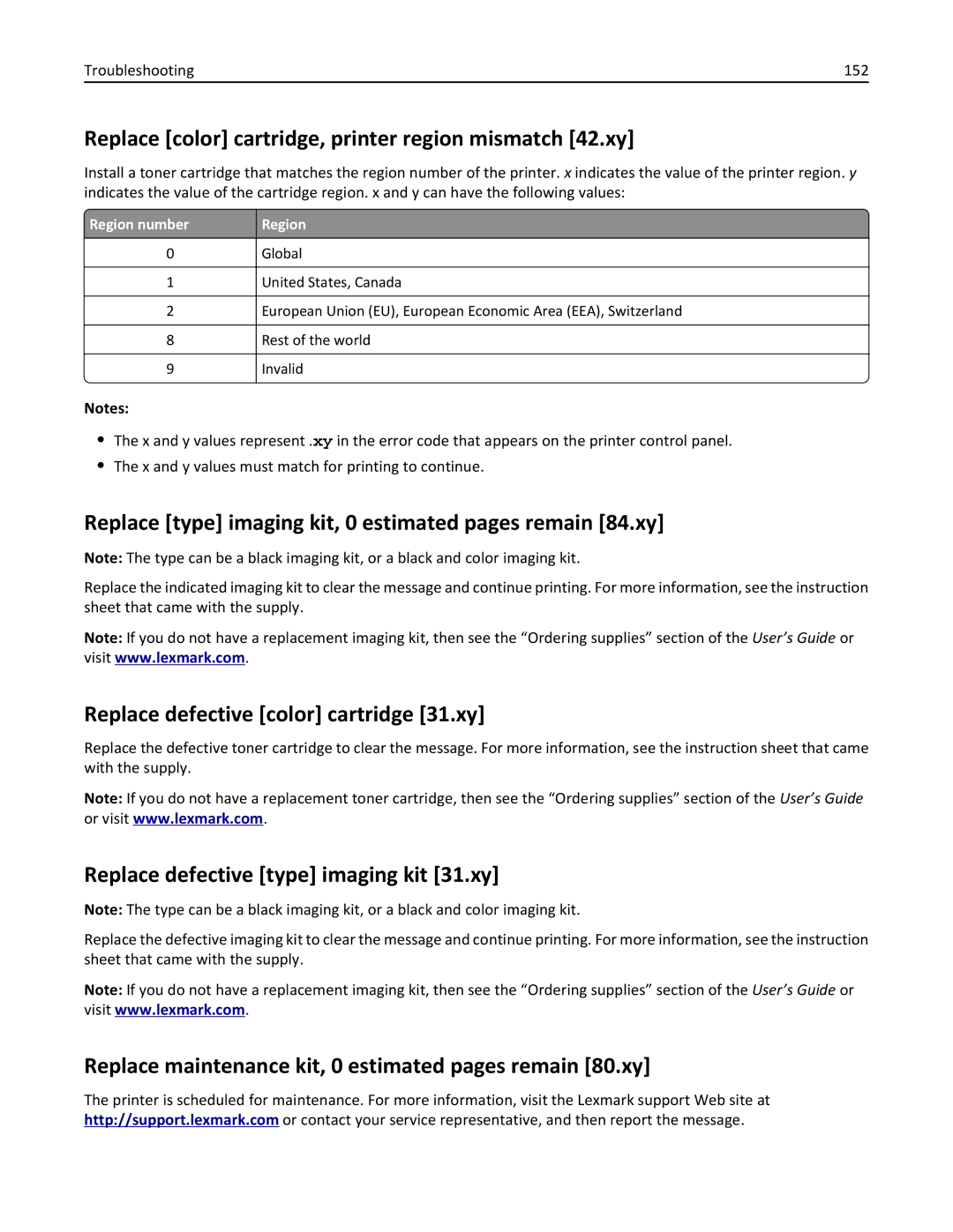 Lexmark CS410 manual Replace color cartridge, printer region mismatch 42.xy, Replace defective color cartridge 31.xy 
