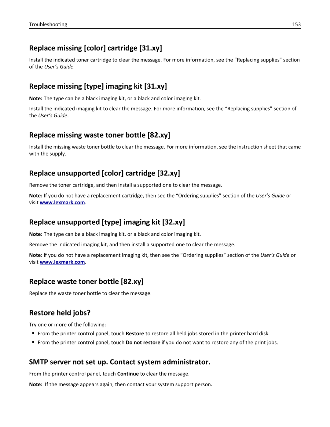 Lexmark CS410 manual Replace missing color cartridge 31.xy, Replace missing type imaging kit 31.xy, Restore held jobs? 