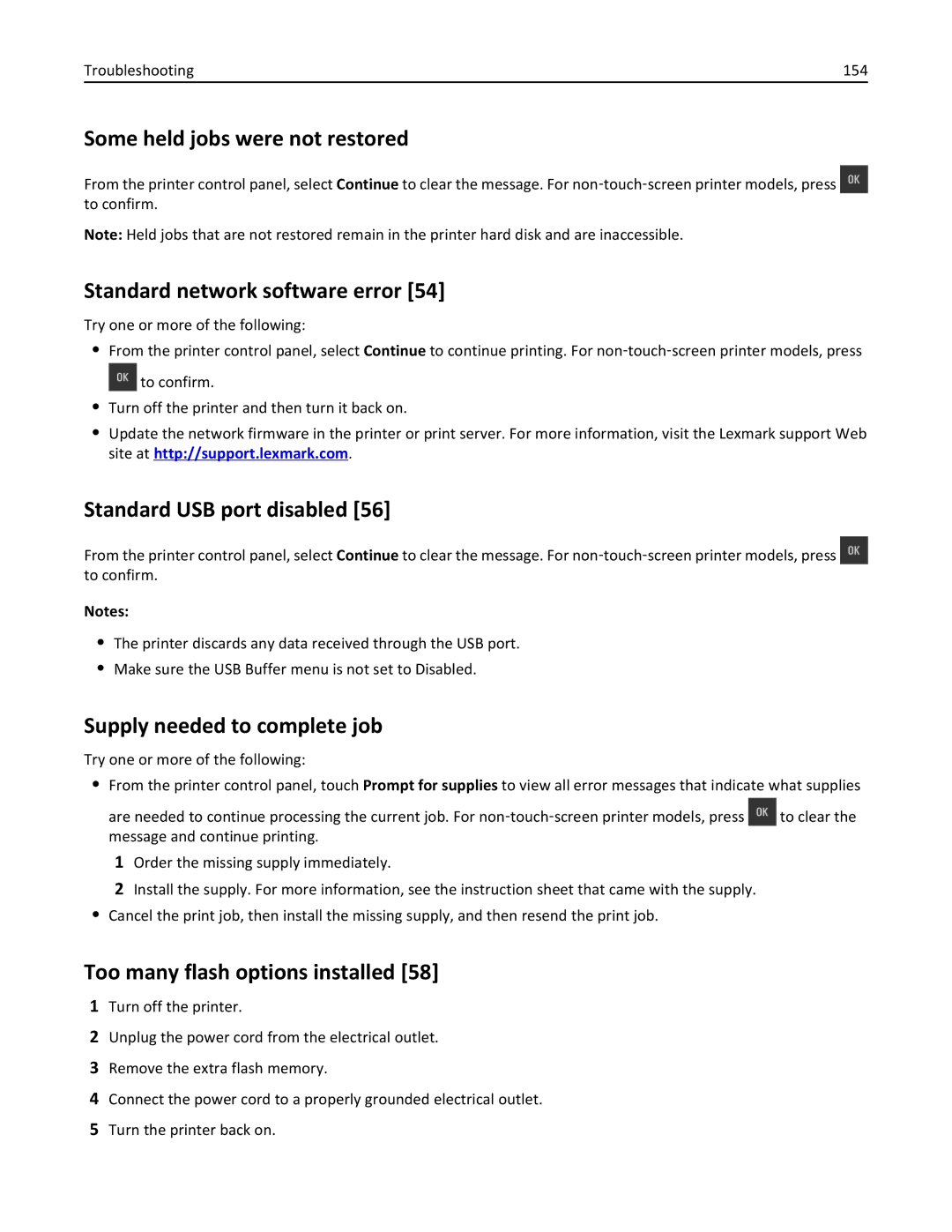 Lexmark CS410 manual Some held jobs were not restored, Standard network software error, Standard USB port disabled 