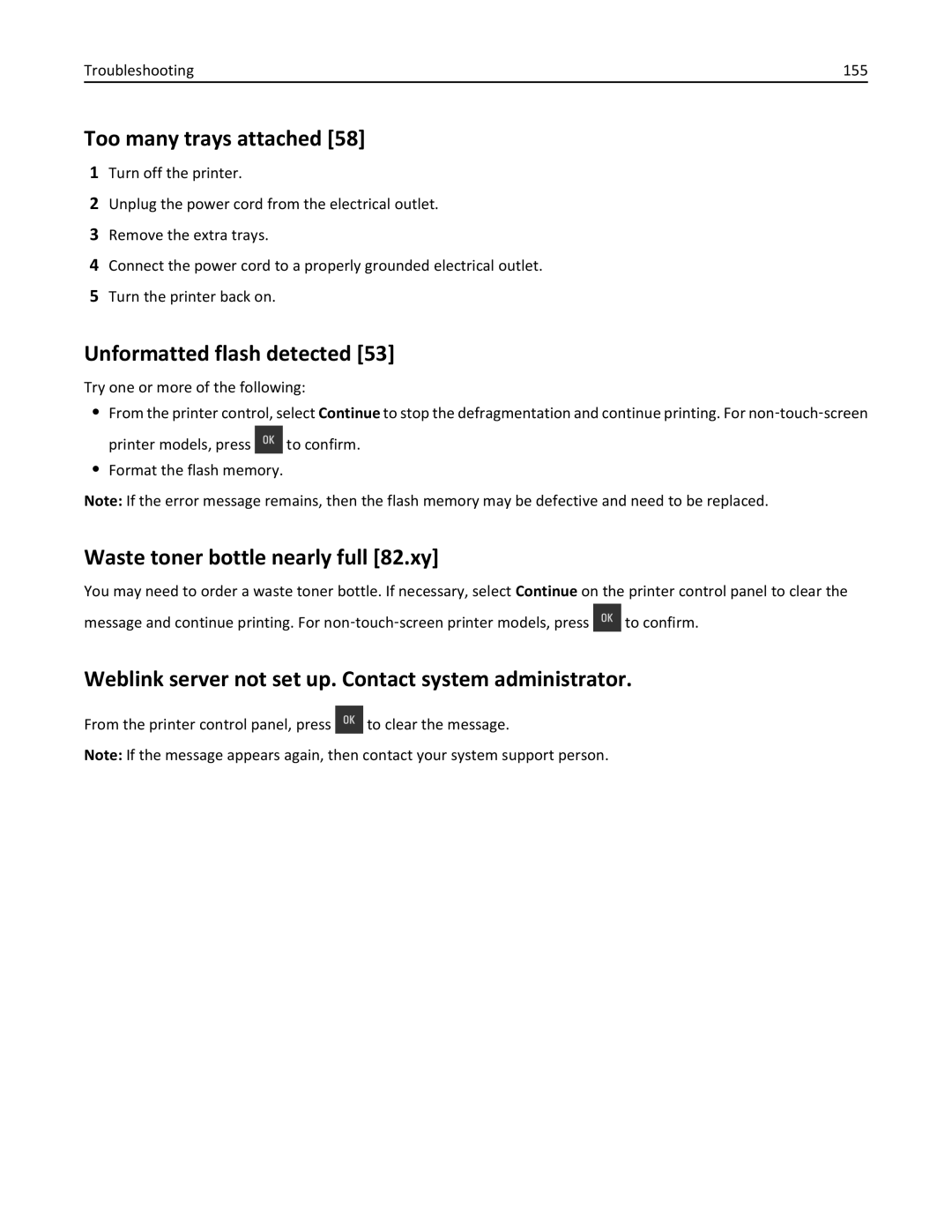 Lexmark CS410 manual Too many trays attached, Unformatted flash detected, Waste toner bottle nearly full 82.xy 