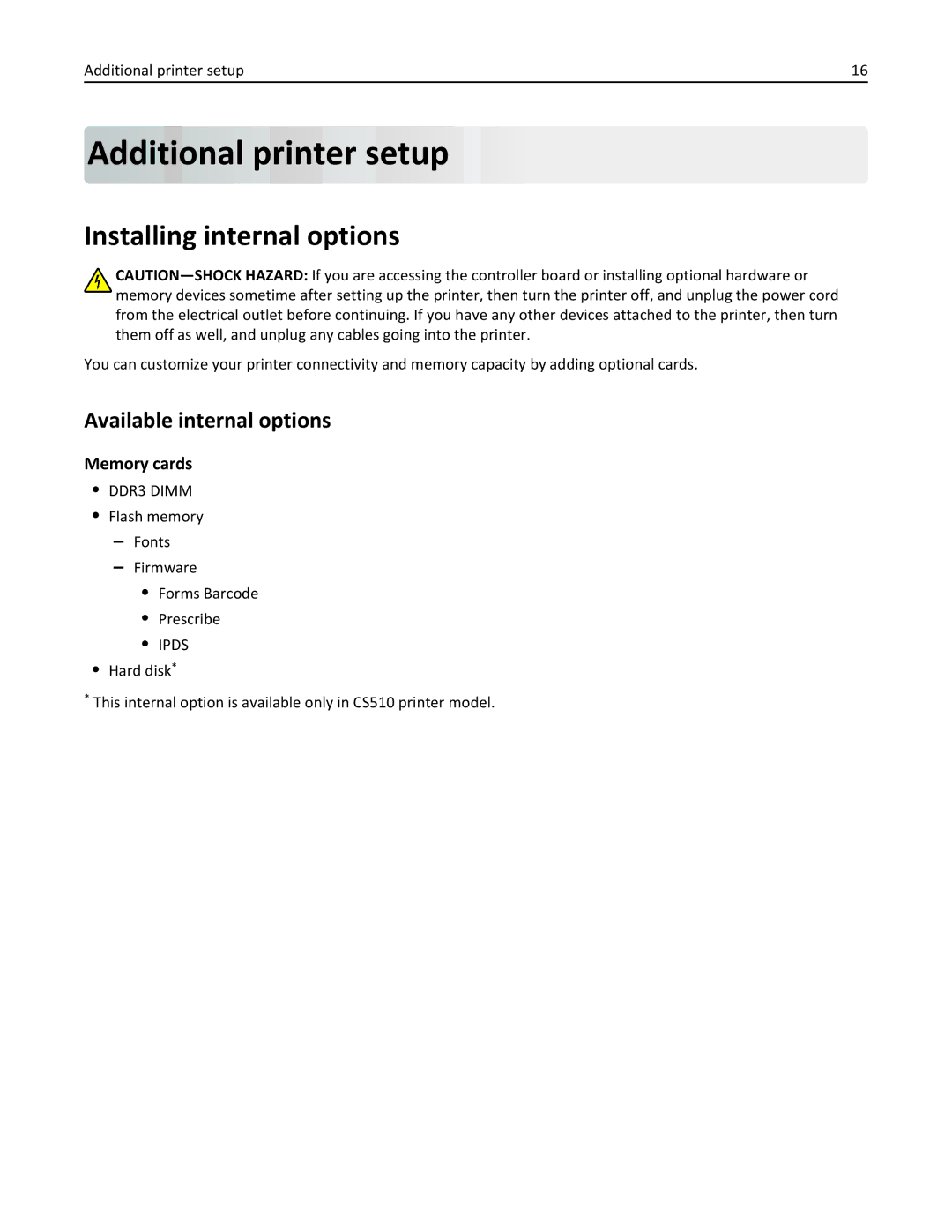 Lexmark CS410 manual Additional printer setup, Installing internal options, Available internal options 