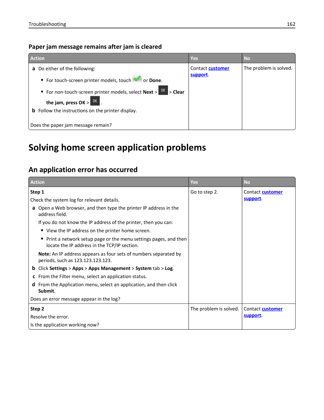 Lexmark CS410 manual Solving home screen application problems, An application error has occurred, Troubleshooting 162 