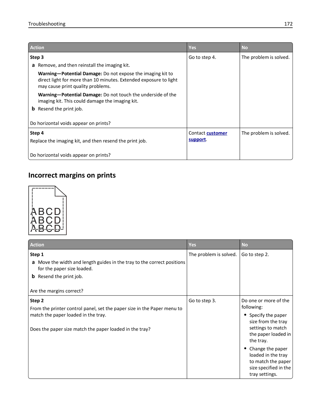 Lexmark CS410 manual Incorrect margins on prints, Troubleshooting 172 