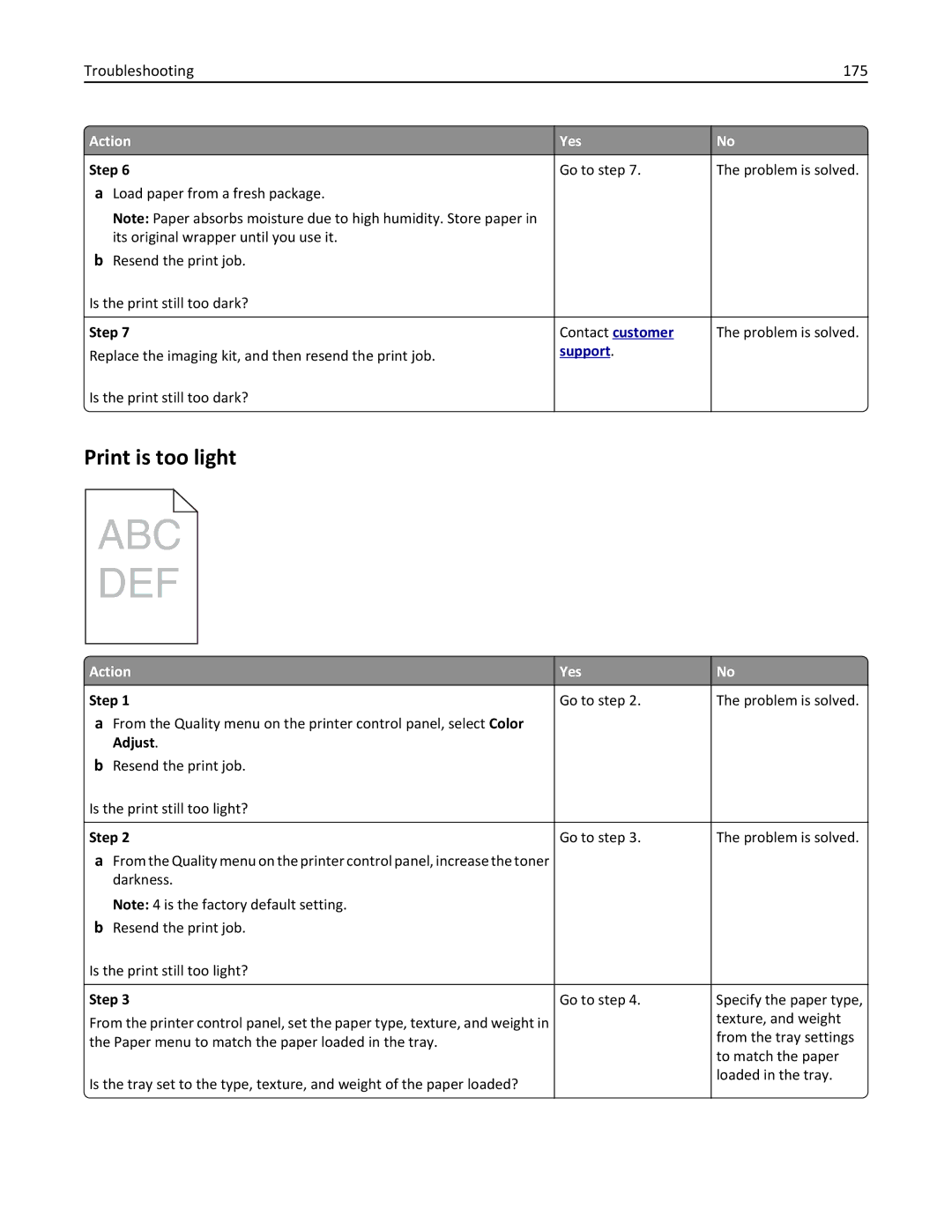 Lexmark CS410 manual Print is too light, Troubleshooting 175 