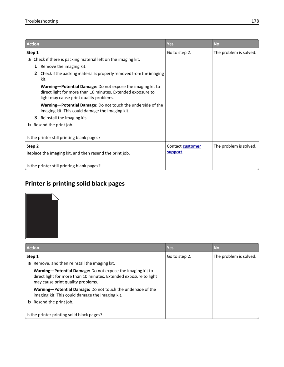 Lexmark CS410 manual Printer is printing solid black pages, Troubleshooting 178 