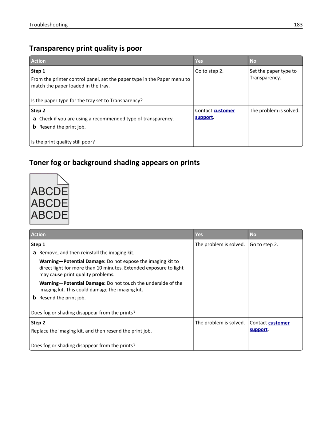 Lexmark CS410 Transparency print quality is poor, Toner fog or background shading appears on prints, Troubleshooting 183 