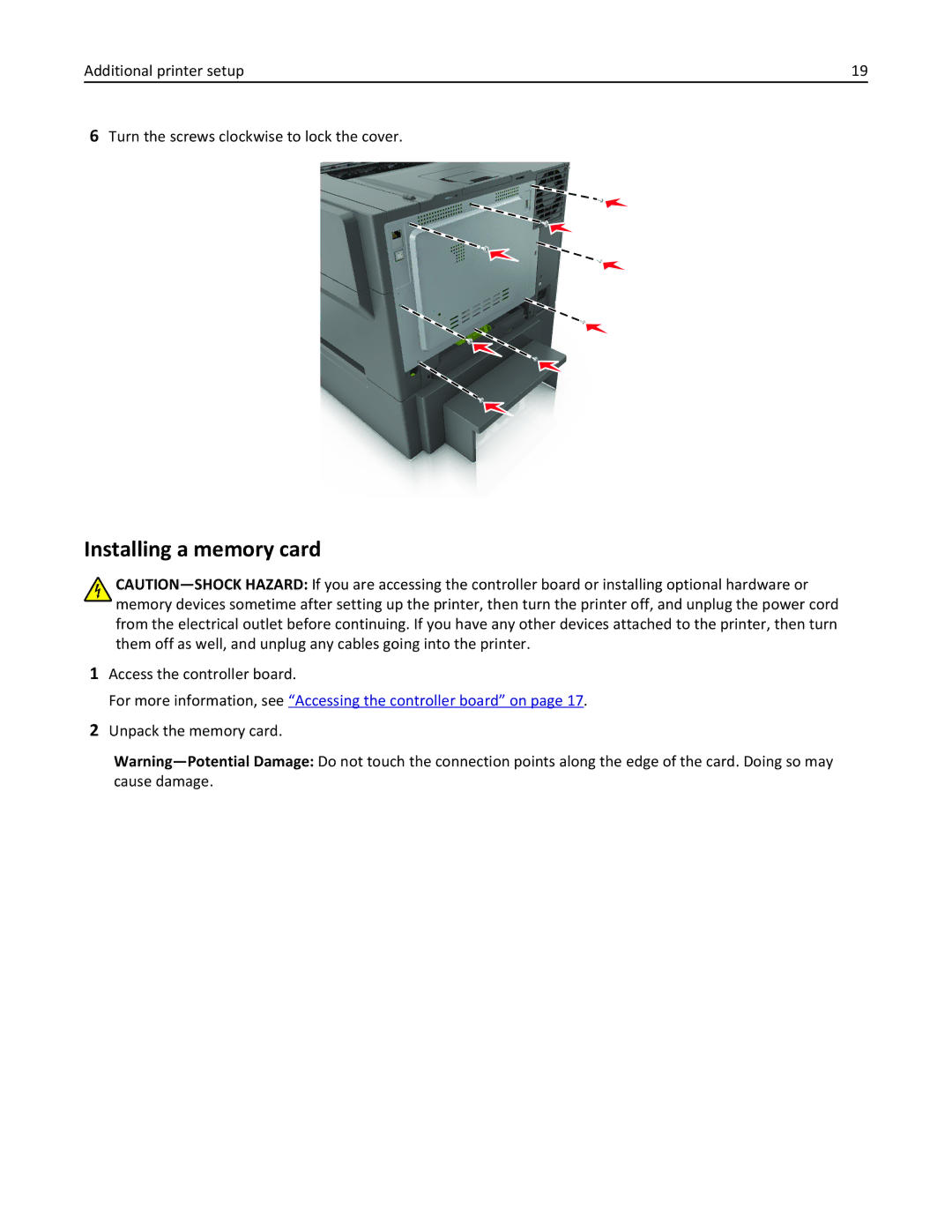 Lexmark CS410 manual Installing a memory card, Access the controller board, Unpack the memory card 