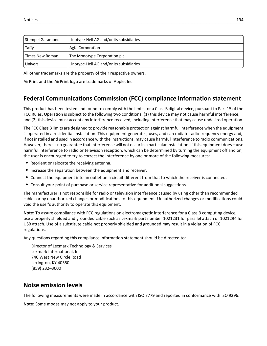 Lexmark CS410 manual Noise emission levels, 194 