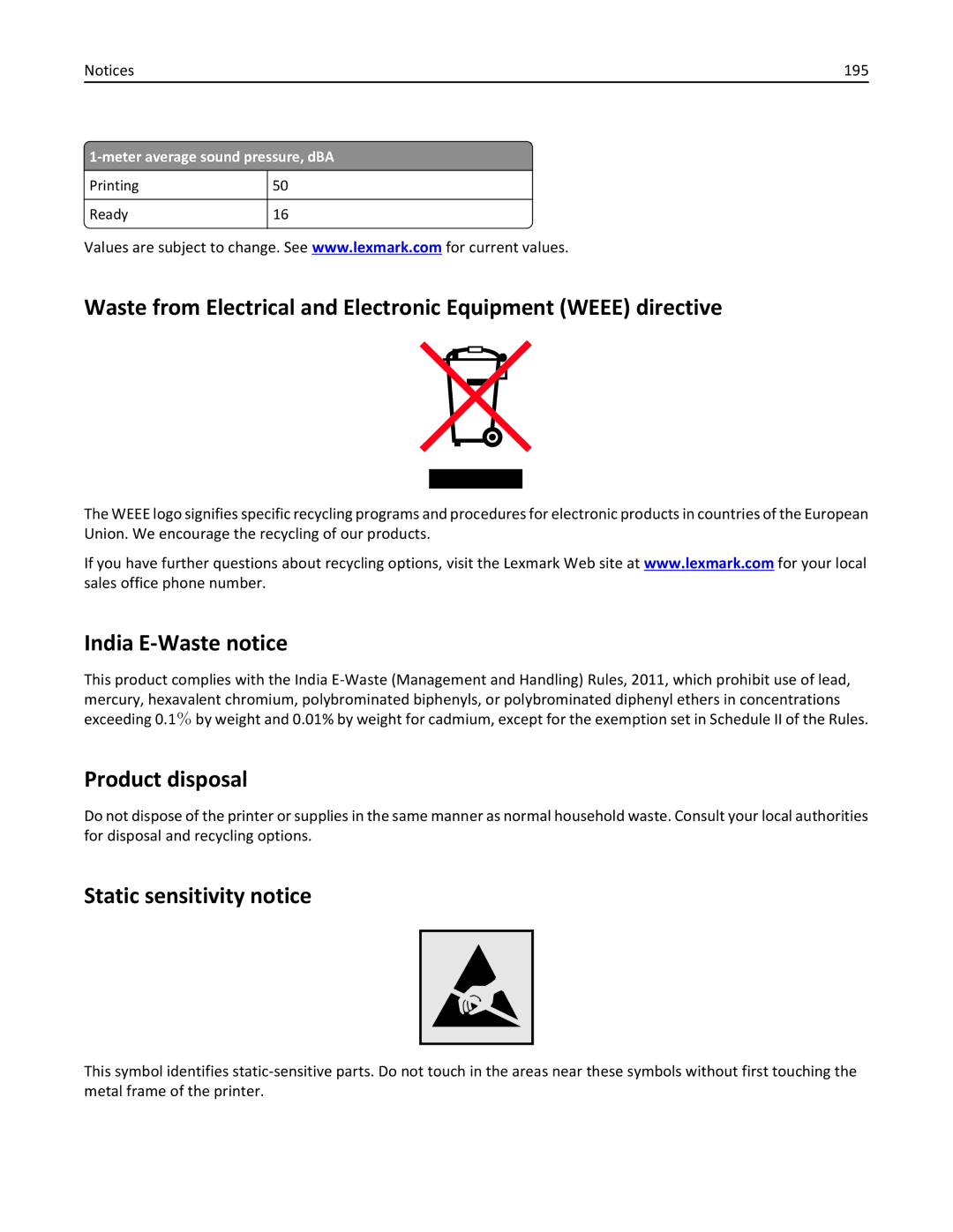 Lexmark CS410 India E-Waste notice, Product disposal, Static sensitivity notice, 195, Meter average sound pressure, dBA 