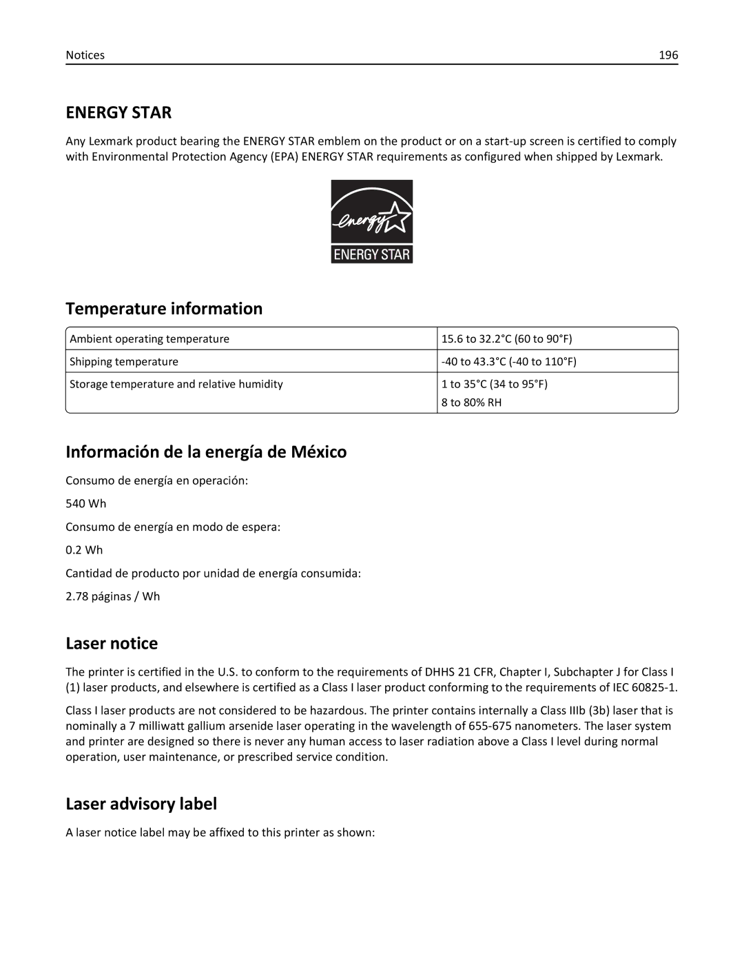 Lexmark CS410 manual Temperature information, Información de la energía de México, Laser notice, Laser advisory label 