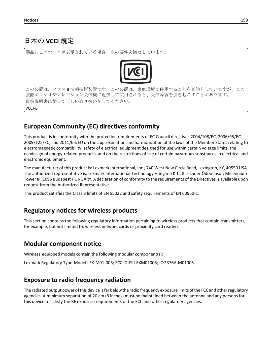 Lexmark CS410 manual European Community EC directives conformity, Regulatory notices for wireless products, 199 