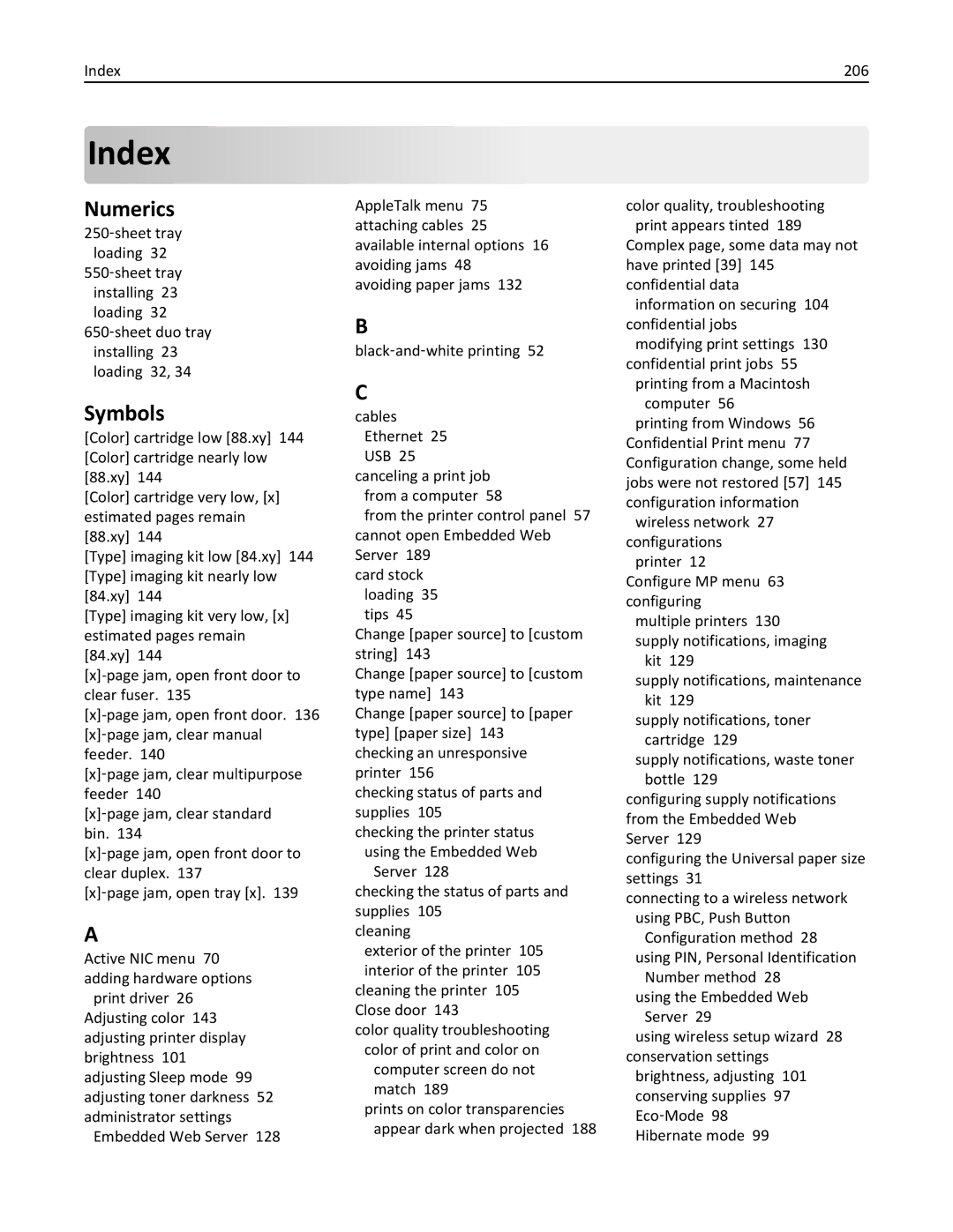 Lexmark CS410 manual Numerics, Symbols, Index 206 