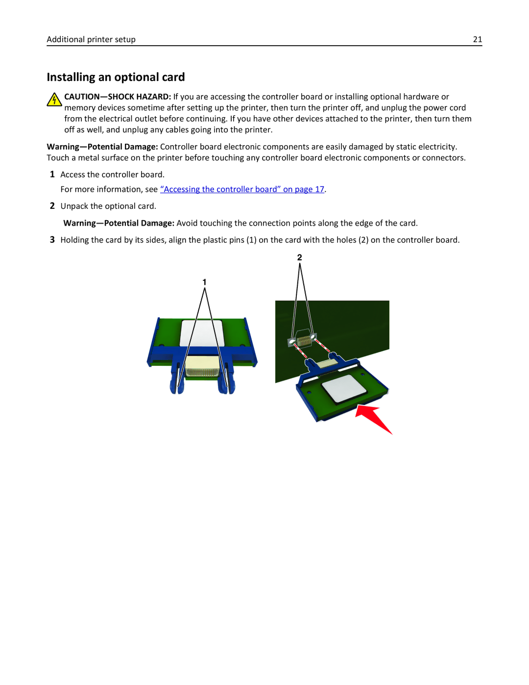 Lexmark CS410 manual Installing an optional card, Additional printer setup 