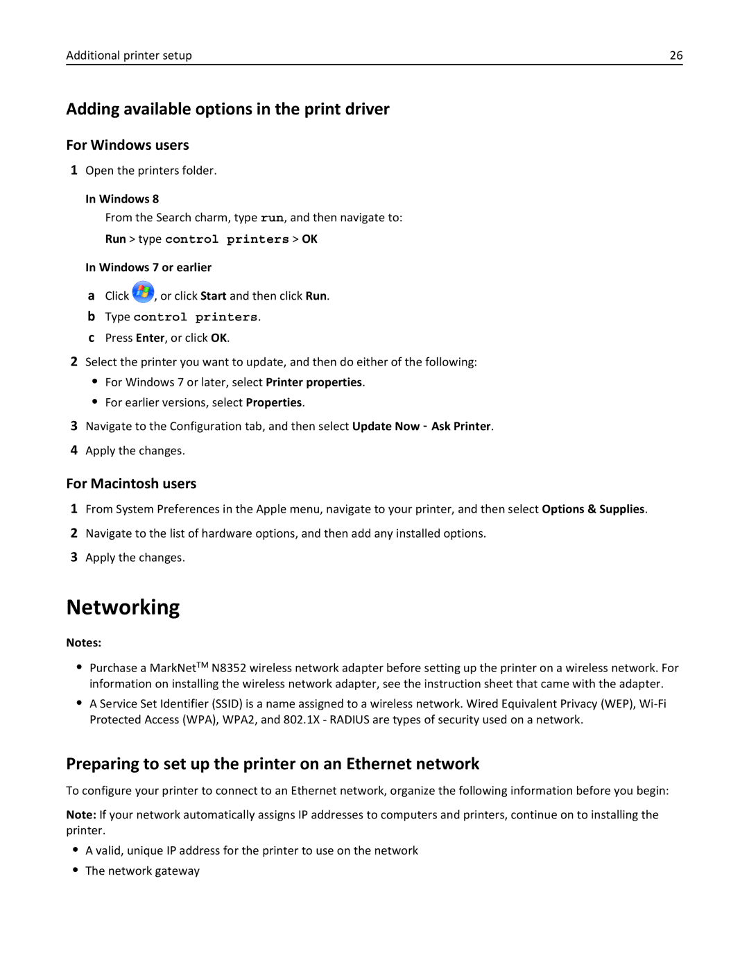 Lexmark CS410 manual Networking, Adding available options in the print driver, For Windows users, For Macintosh users 